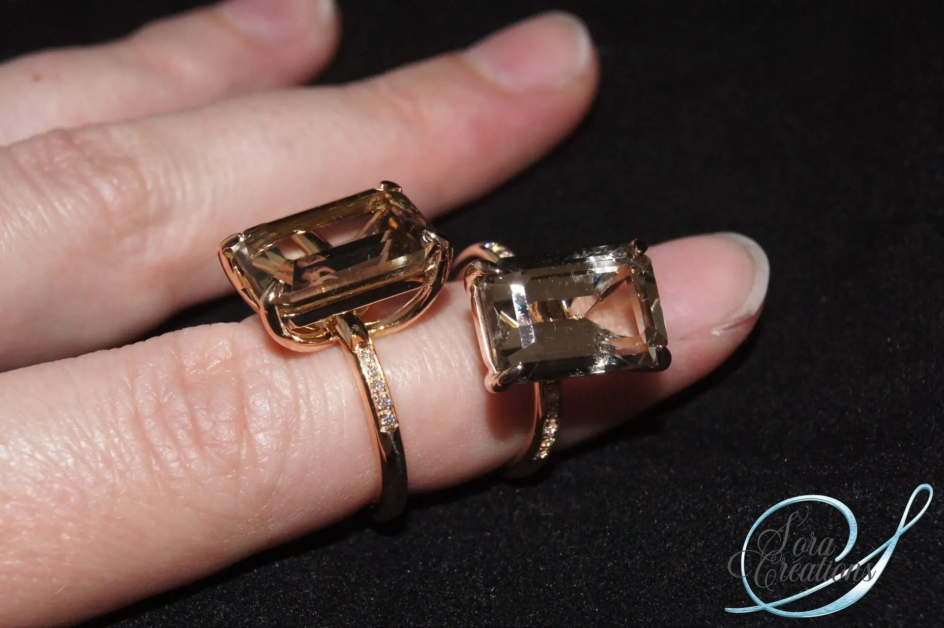 Bague sur-mesure en or rouge avec un quartz fumé et des diamants